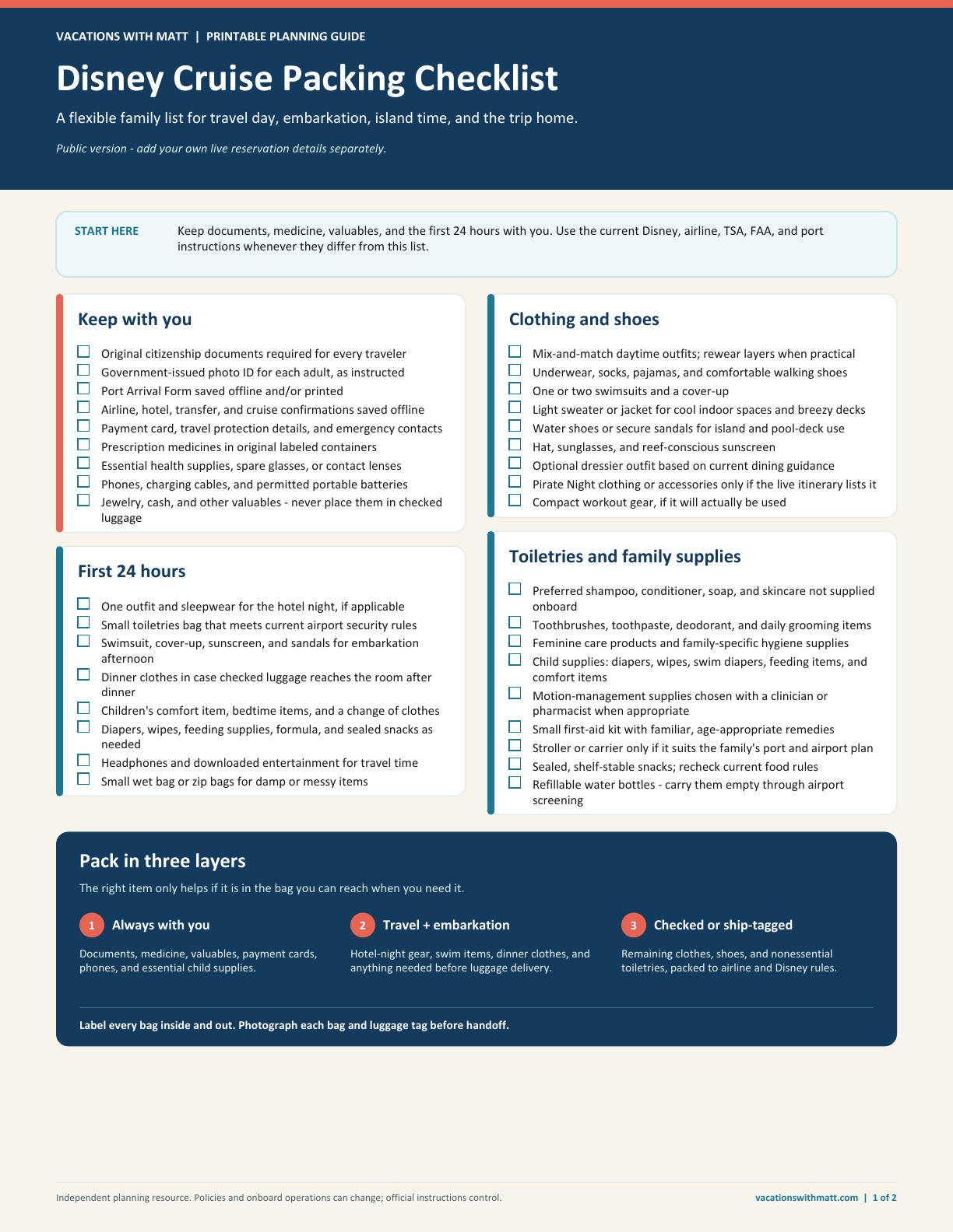 Preview of the Disney Cruise Packing Checklist with sections for keep-with-you items, the first 24 hours, clothing, toiletries and a three-layer bag plan