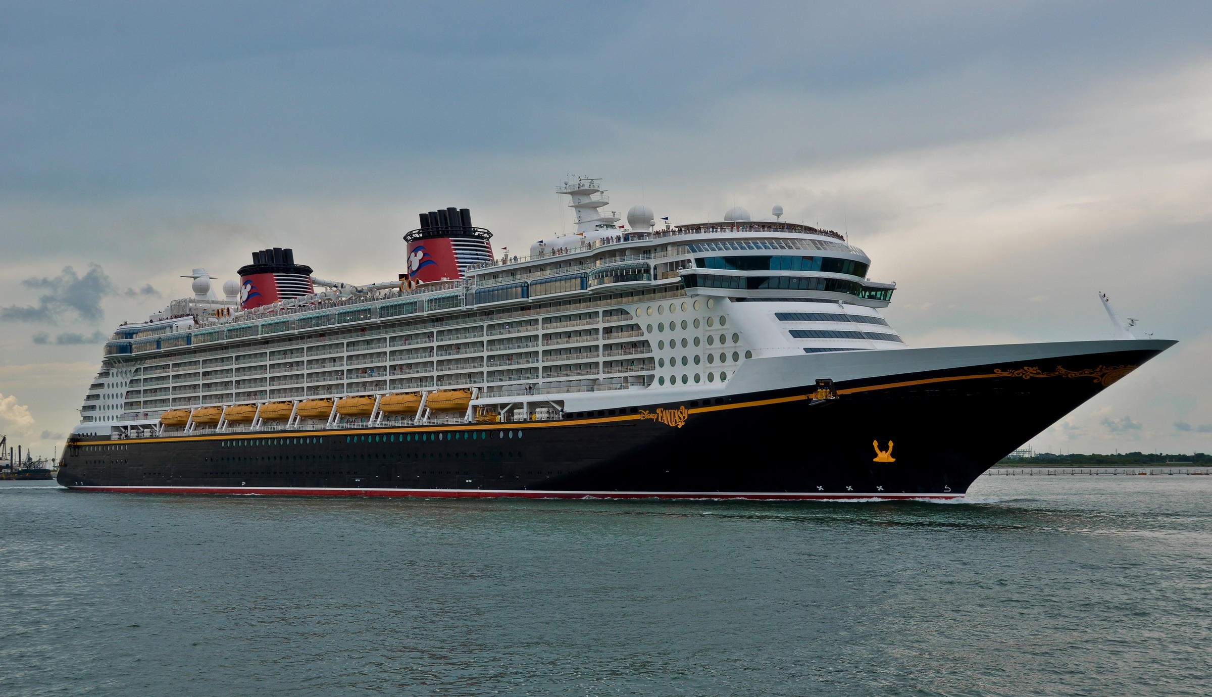 Disney Fantasy viewed broadside from the water at Port Canaveral