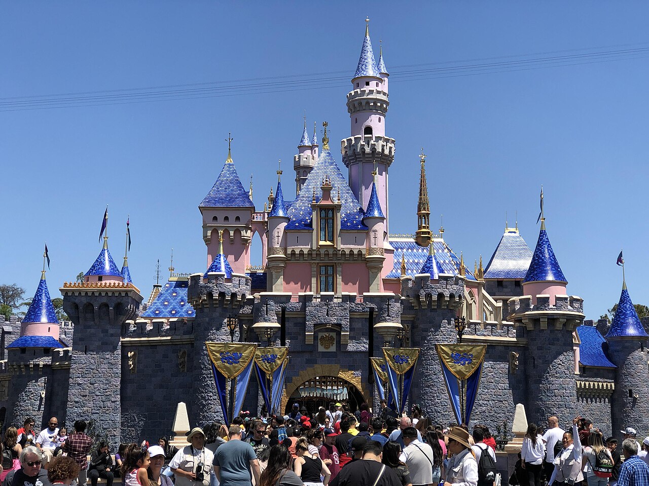 Pink and blue towers of Sleeping Beauty Castle at Disneyland Park in Anaheim