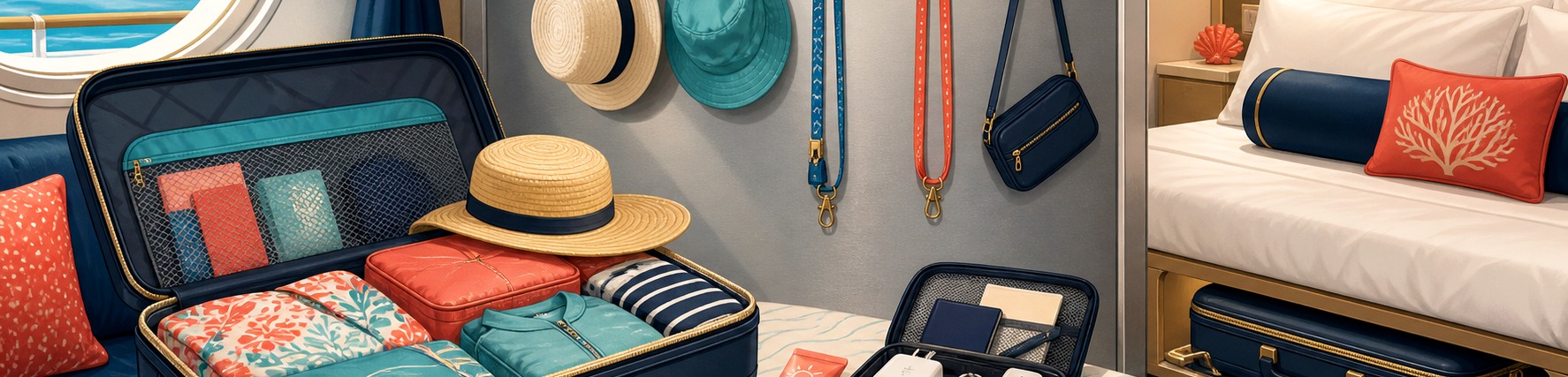 Illustrated cruise stateroom with luggage and organized travel essentials